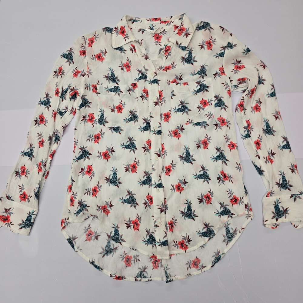 Club Monaco Womens XS Pineapple Floral Print Button Down Shirt White Long Sleeve